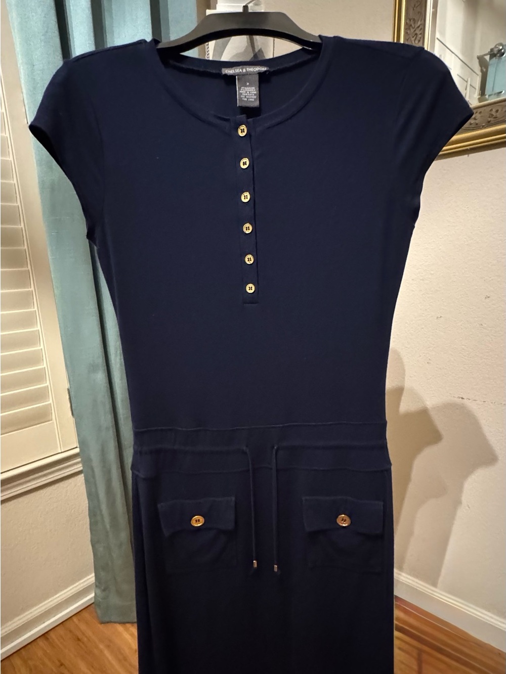 Chelsea & Theodore Navy Short-Sleeve Henley Tunic Dress with Gold Buttons